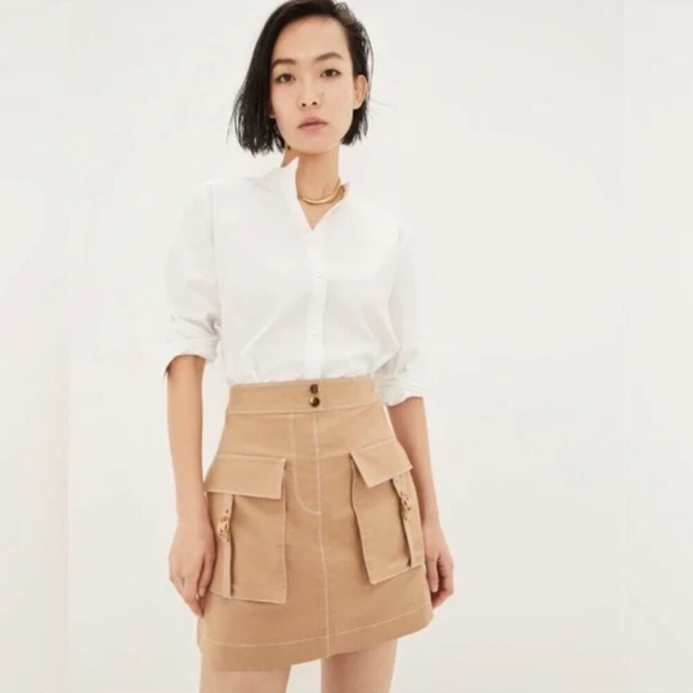 Veronica Beard White Button-Up Shirt with Tan Cargo Mini Skirt